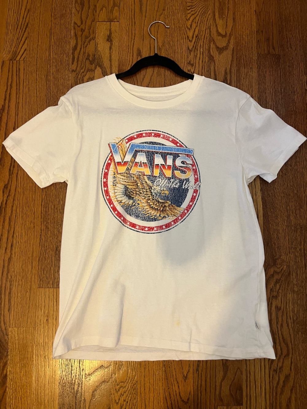 Vans White Women’s Short Sleeve Tee with Distressed Eagle Graphic Size Medium